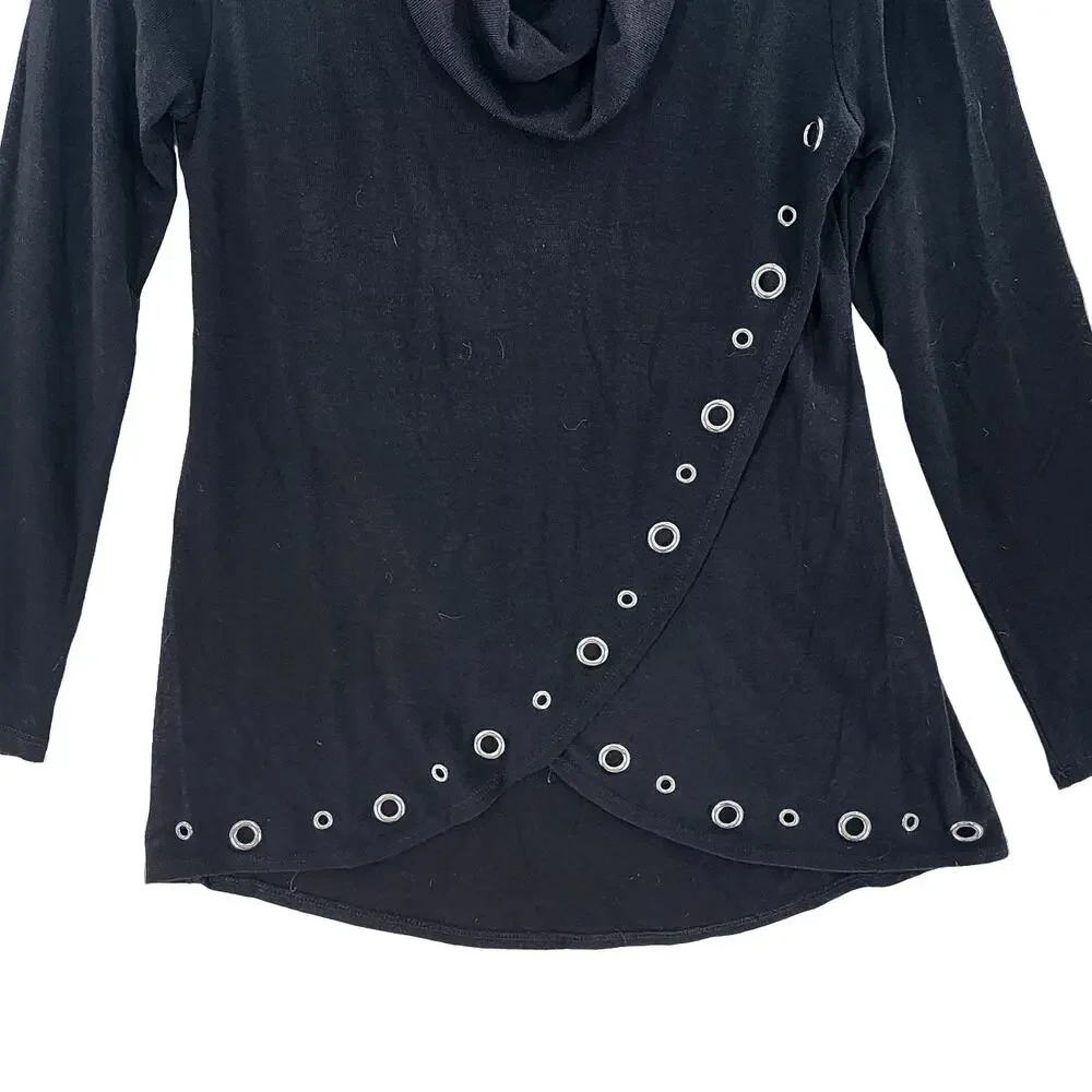 Belldini Women's Tunic Sweater Cowl Neck Top Black Turtleneck Grommet Medium - Picture 3 of 9